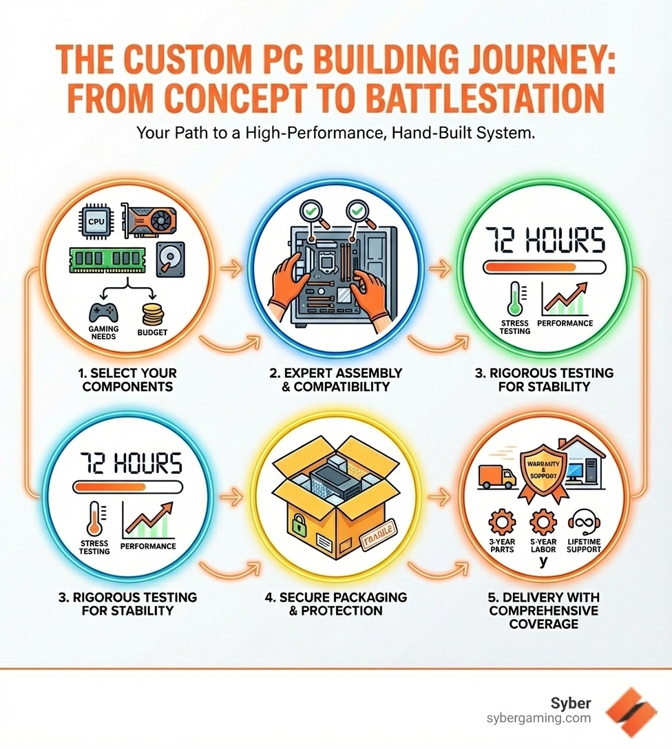 Infographic showing the custom PC building process: 1) Select your components based on gaming needs and budget, 2) Expert technicians hand-assemble your system with compatibility checks, 3) Rigorous testing up to 72 hours for stability and performance, 4) Secure packaging with protective materials, 5) Delivery with 3-year parts and 5-year labor warranty plus lifetime technical support - custom computer builder infographic 