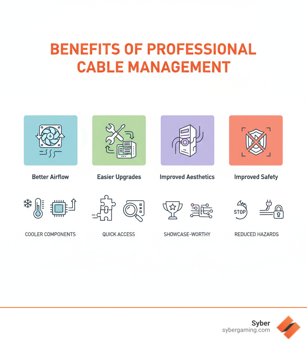Benefits of Professional Cable Management: Better Airflow (cooler components and optimal fan performance), Easier Upgrades (quick component access and simplified troubleshooting), Improved Aesthetics (showcase-worthy appearance and clean interior), and Improved Safety (reduced fire hazards and prevented cable damage) - professional cable management infographic 