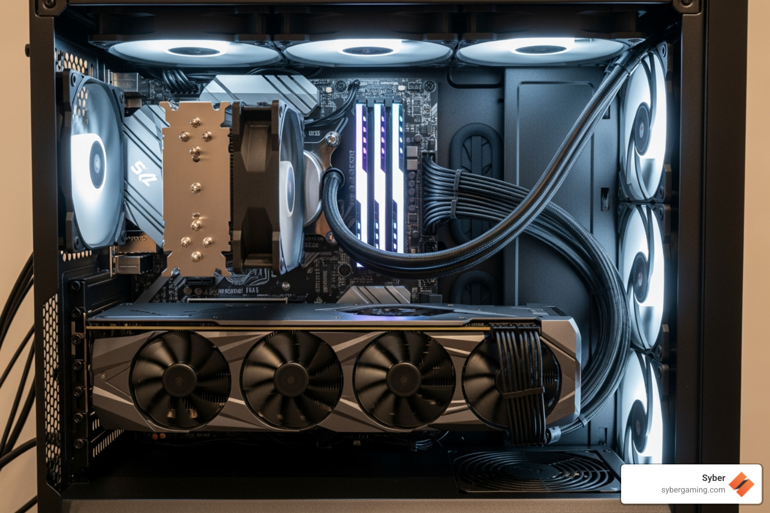 Clean PC interior with organized cables and visible components - Custom PC building service