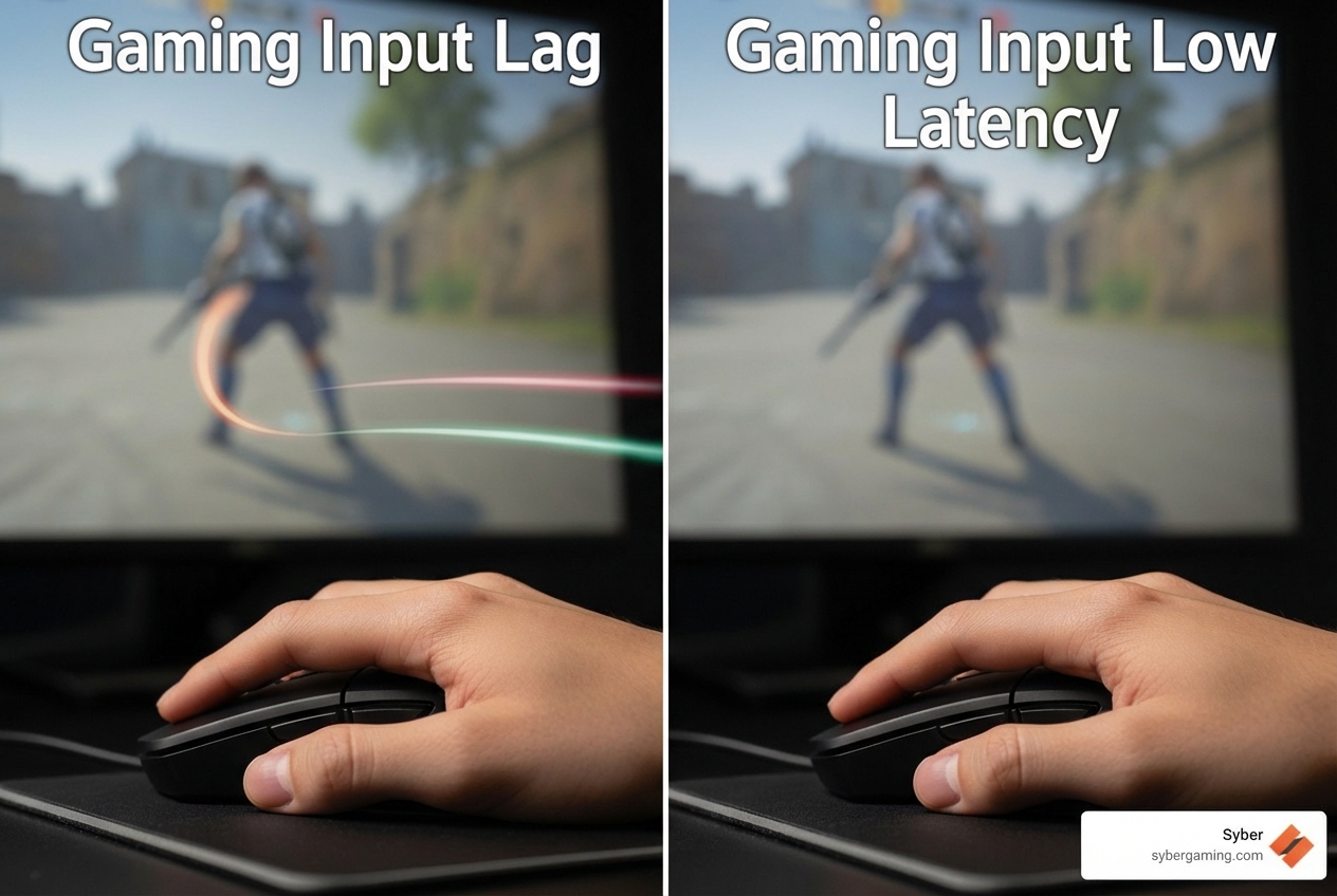 Image illustrating the concept of input lag reduction, showing a timeline with a mouse click occurring much closer to the on-screen action with latency reduction technologies enabled - cutting edge gaming