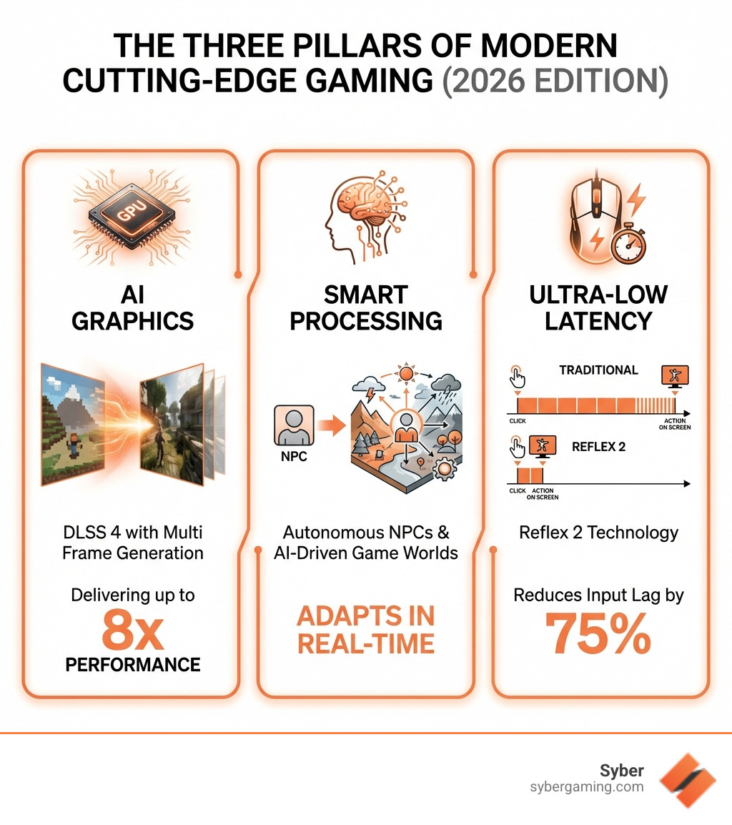 Infographic showing the three pillars of modern cutting-edge gaming: AI Graphics (DLSS 4 with Multi Frame Generation delivering up to 8x performance), Smart Processing (autonomous NPCs and AI-driven game worlds), and Ultra-Low Latency (Reflex 2 reducing input lag by 75%) - cutting edge gaming infographic 
