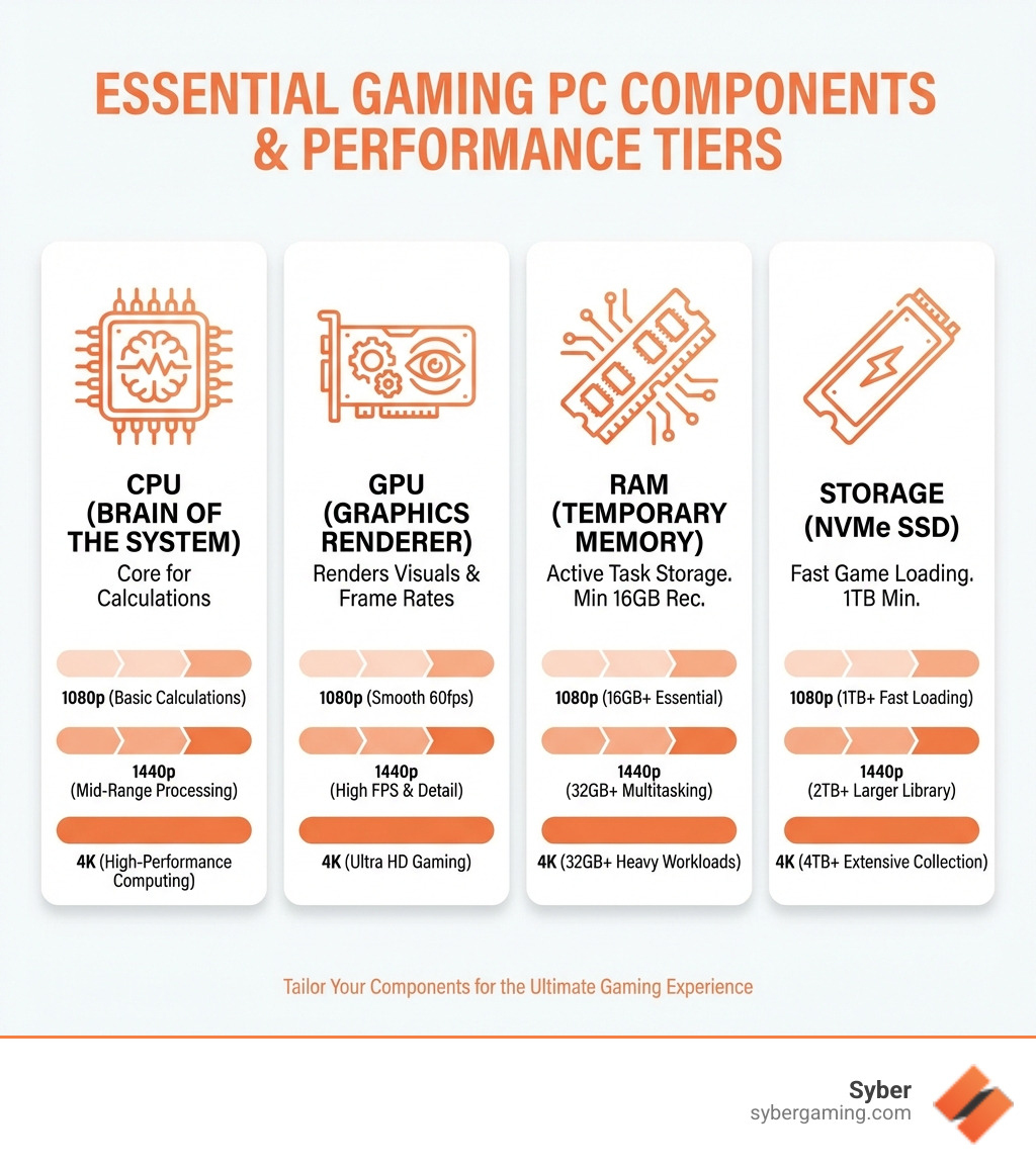 infographic showing the four essential gaming PC components: CPU (brain of the system for calculations), GPU (renders graphics and determines frame rates), RAM (temporary memory for active tasks, minimum 16GB recommended), and Storage (NVMe SSD for fast game loading, 1TB minimum), with simple icons and performance tier indicators for 1080p, 1440p, and 4K gaming - top-rated gaming desktop infographic 