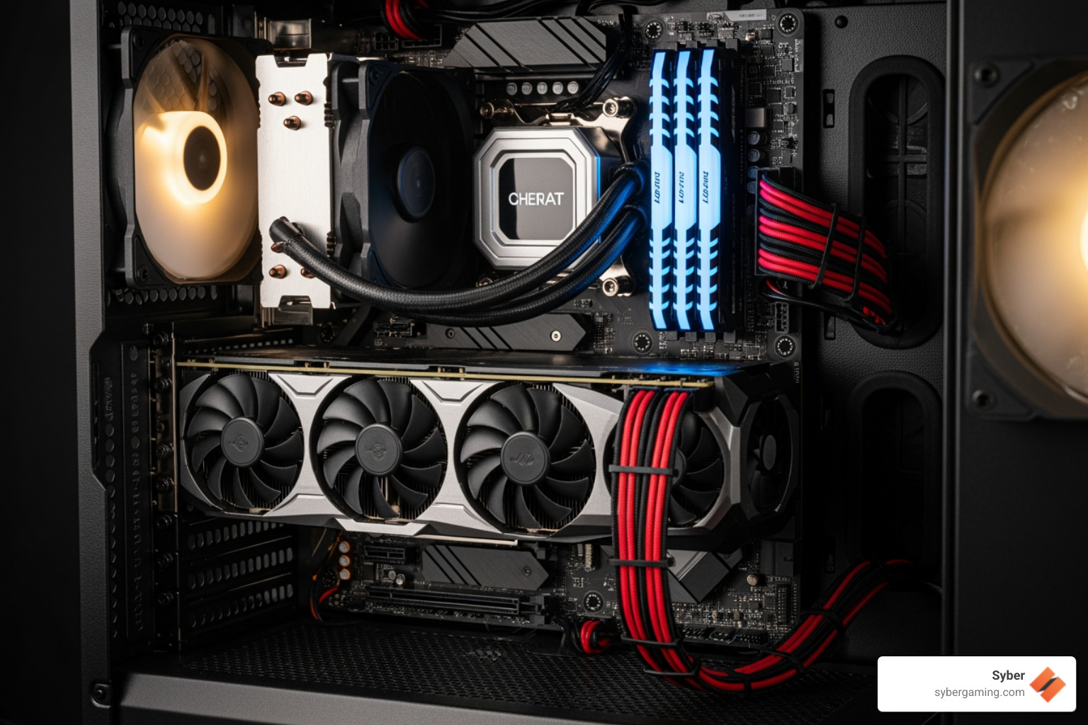 A clean PC interior showing the motherboard, GPU, and RAM slots - top-rated gaming desktop