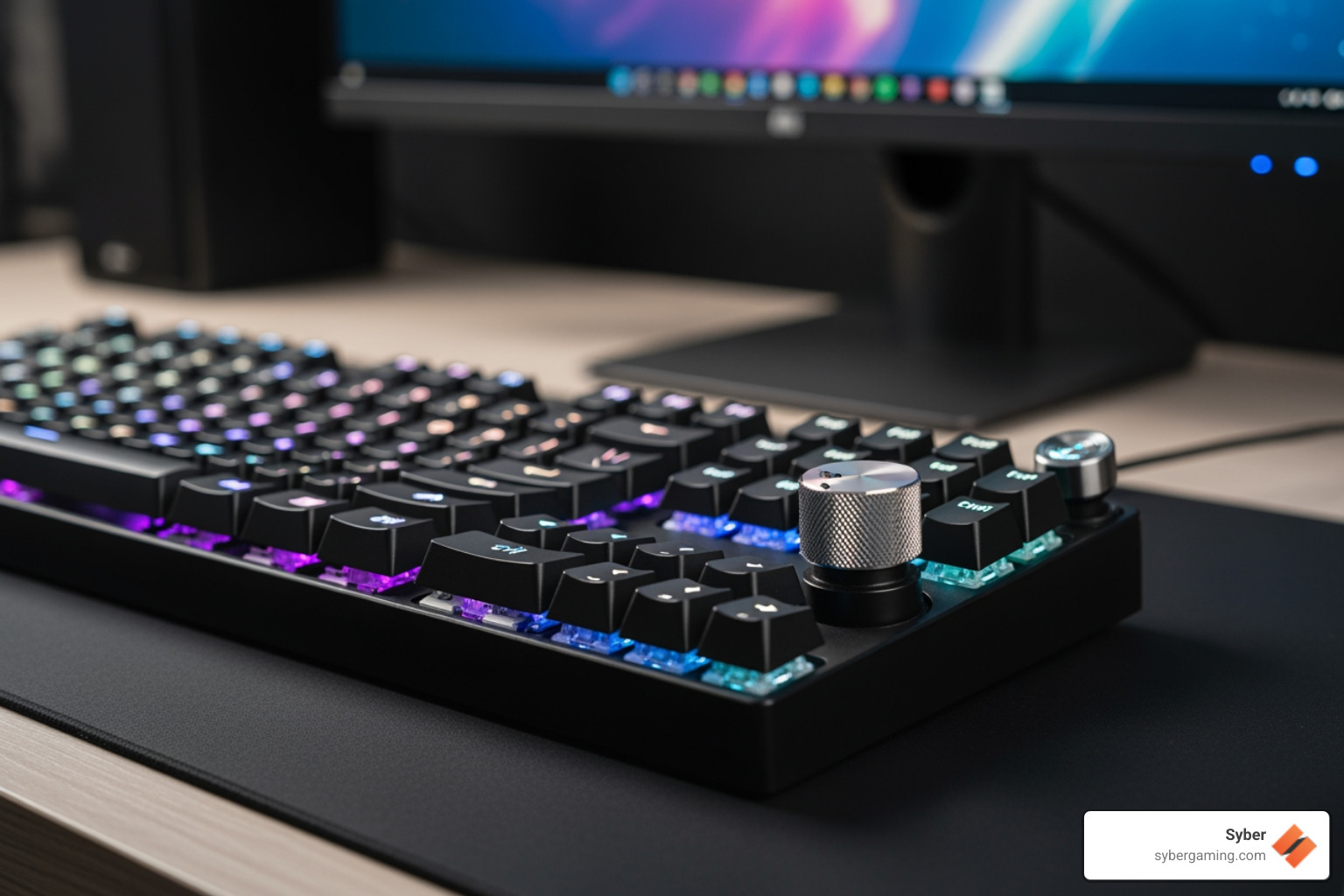 Different keyboard sizes: Full-size, TKL, and 65% layouts shown side-by-side on a desk - Mechanical keyboard with volume wheel