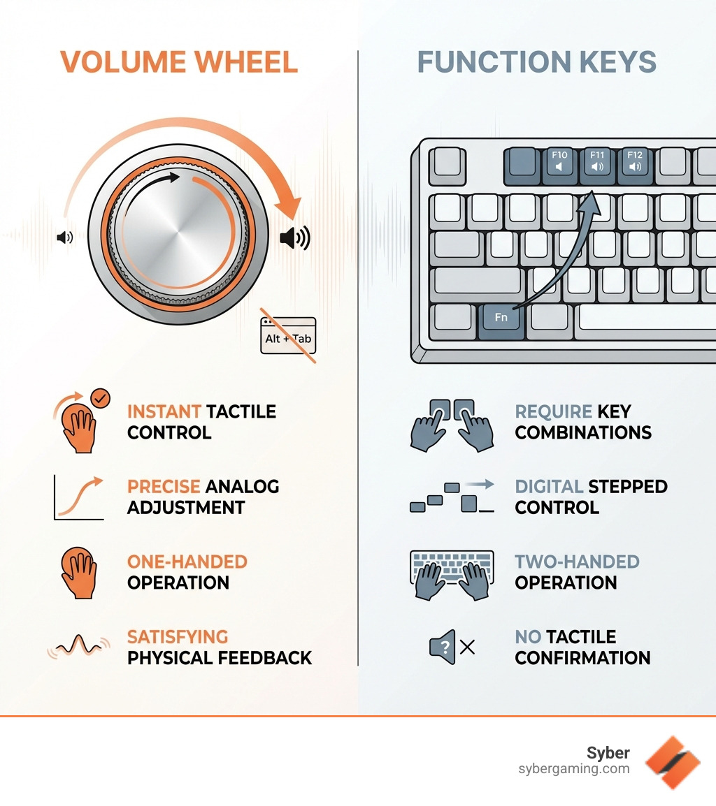 Infographic comparing volume wheel benefits versus function keys: Volume wheel offers instant tactile control with no alt-tabbing, precise analog adjustment, one-handed operation, and satisfying physical feedback. Function keys require key combinations, digital stepped control, two-handed operation, and no tactile confirmation of level changes. - Mechanical keyboard with volume wheel infographic 