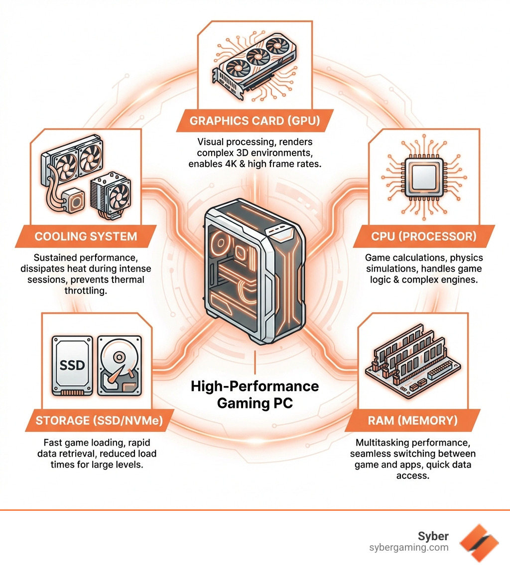 Infographic showing the key components of high performance gaming PCs including graphics cards for visual processing, CPUs for game calculations, RAM for multitasking performance, storage for fast game loading, and cooling systems for sustained performance - high performance gaming pcs infographic 