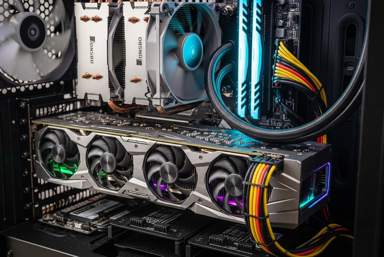 Close-up of high-performance PC components, showcasing a powerful graphics card and CPU cooler, emphasizing internal engineering - high performance gaming pcs