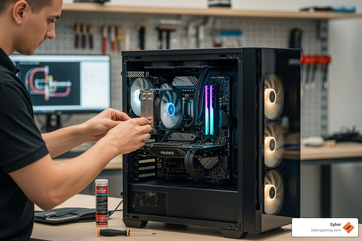 technician assembling high-performance desktop PC - Gaming PC specialists