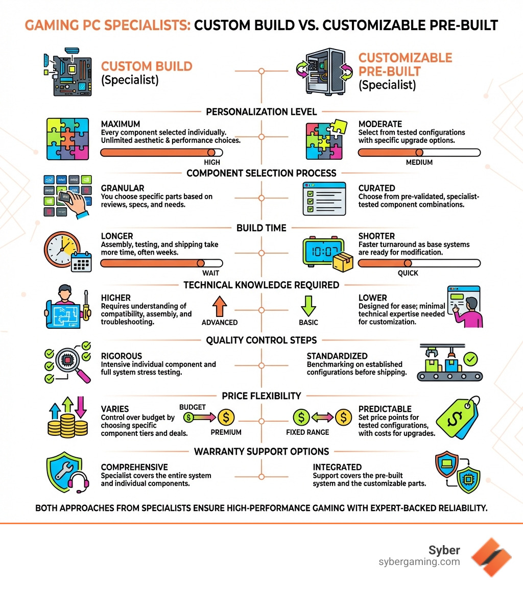 Infographic comparing custom build gaming PCs from specialists versus customizable pre-built gaming computers, showing key differences in personalization level, component selection process, build time, technical knowledge required, quality control steps, price flexibility, and warranty support options - Gaming PC specialists infographic 