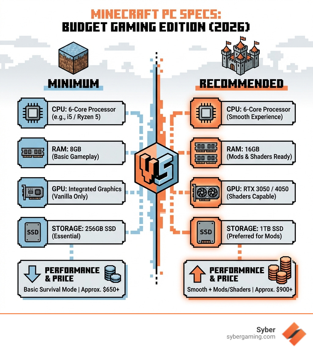 Infographic explaining the difference between Minecraft's minimum and recommended PC specifications - best budget gaming pc for minecraft infographic Infographic explaining the difference between Minecraft's minimum and recommended PC specifications - best budget gaming pc for minecraft infographic