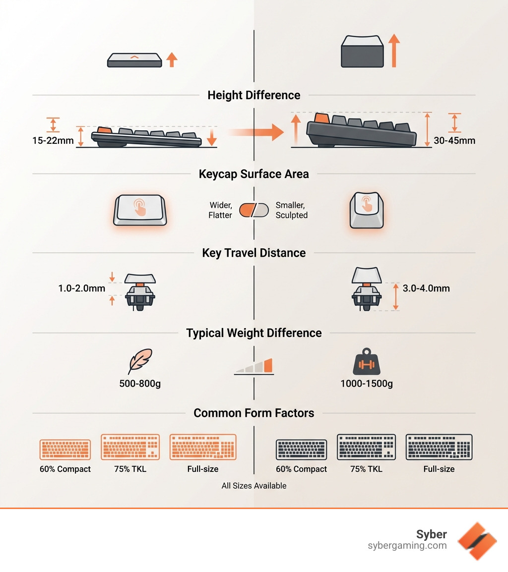 infographic showing low profile vs regular mechanical keyboard comparison with measurements of height difference, keycap surface area, key travel distance, typical weight difference, and common form factors available for each type - Low profile mechanical keyboards infographic infographic showing low profile vs regular mechanical keyboard comparison with measurements of height difference, keycap surface area, key travel distance, typical weight difference, and common form factors available for each type - Low profile mechanical keyboards infographic