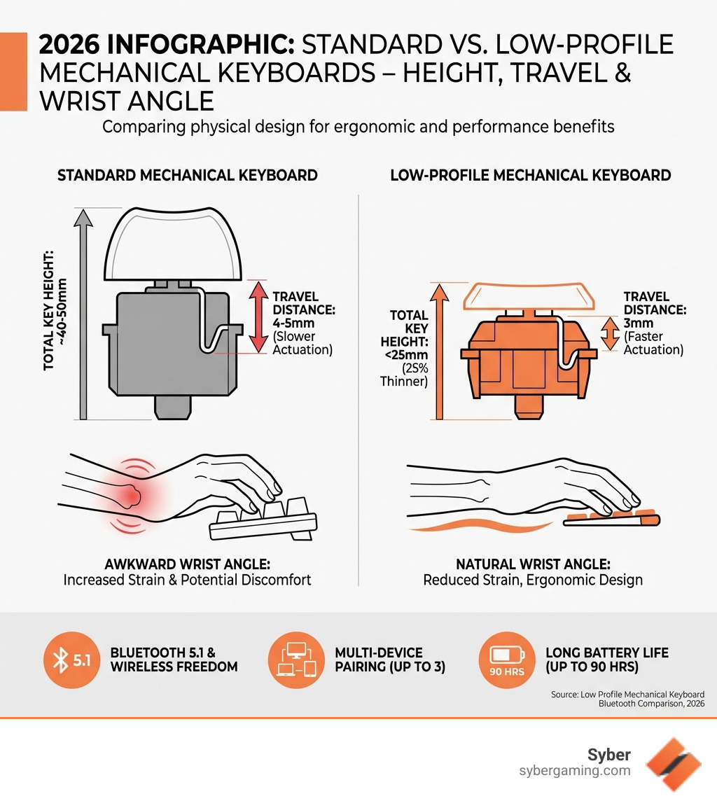 Infographic explaining the physical differences between a standard mechanical keyboard and a low-profile one, showing key height, travel distance, and wrist angle - low profile mechanical keyboard Bluetooth infographic 