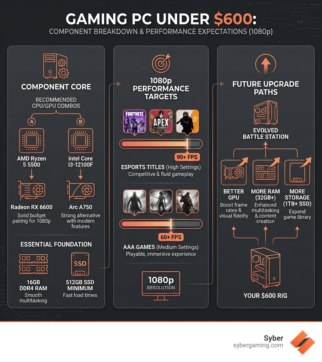 infographic showing component breakdown and performance expectations for gaming PCs under $600, including recommended CPU/GPU combinations, expected FPS in popular games at 1080p, and upgrade paths - Good gaming PC under $600 infographic 