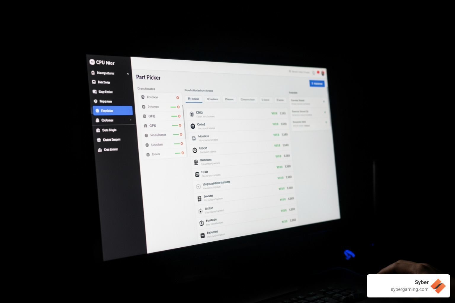 digital part picker interface - website to help build gaming pc