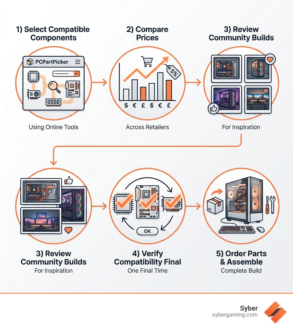Infographic showing the PC building workflow: 1) Select compatible components using online tools 2) Compare prices across retailers 3) Review community builds for inspiration 4) Verify compatibility one final time 5) Order parts and assemble, with icons representing each step including PCPartPicker interface, price comparison charts, user build galleries, compatibility checkmarks, and assembled gaming PC - website to help build gaming pc infographic 