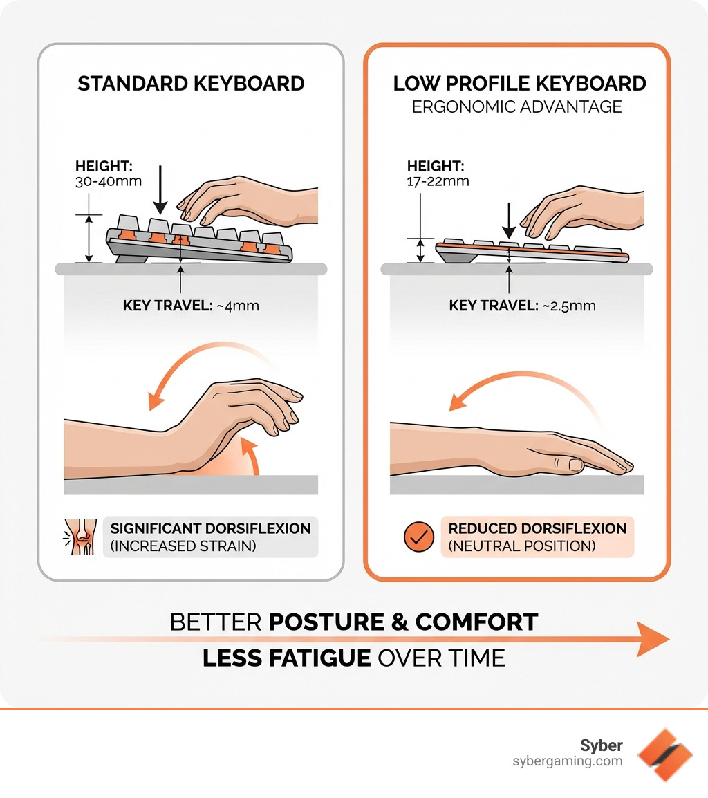 infographic comparing standard keyboard at 30-40mm height with 4mm key travel versus low profile keyboard at 17-22mm height with 2.5mm key travel, showing wrist angles and reduced dorsiflexion - are low profile keyboards more ergonomic infographic 