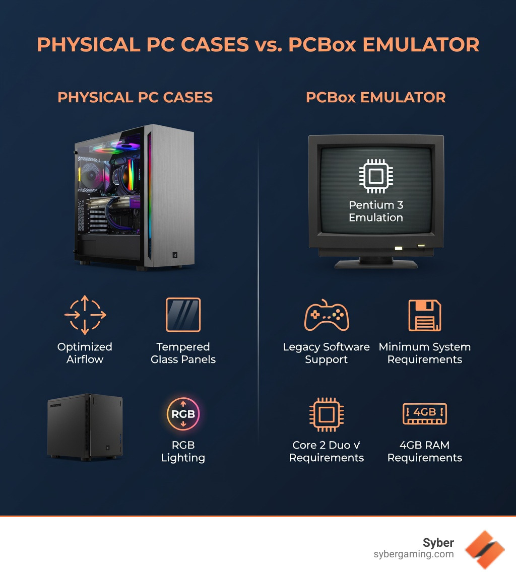 Infographic comparing physical PC cases and PCBox emulator showing physical cases with form factors ATX Mini-ITX and features like tempered glass RGB lighting and airflow versus PCBox emulator with Pentium 3 emulation legacy software support and minimum system requirements - pc box infographic 