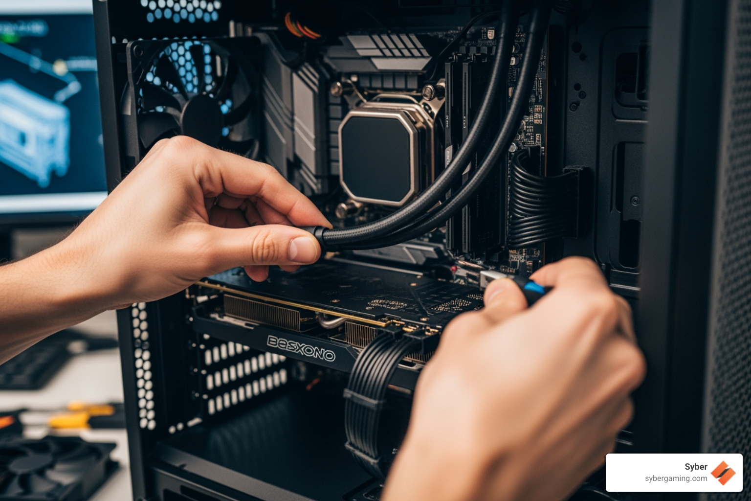 Essential PC building tools including a magnetic Phillips screwdriver, anti-static wrist strap, thermal paste, and cable ties laid out on a clean workspace - gaming PC assembly