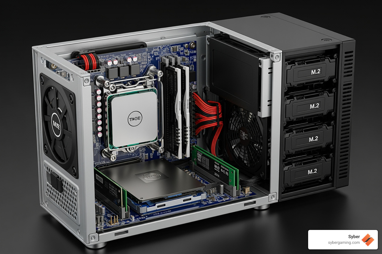 Internal view of a mini PC showing the tight integration of the CPU, GPU, RAM slots, and M.2 storage drives - best gaming mini pc Internal view of a mini PC showing the tight integration of the CPU, GPU, RAM slots, and M.2 storage drives - best gaming mini pc