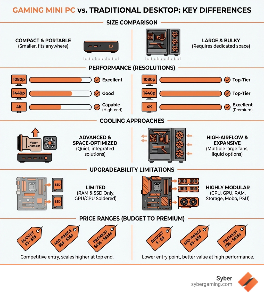 Key differences between gaming mini PCs and traditional desktops, showing size comparison, performance capabilities at different resolutions, cooling approaches, upgradeability limitations, and typical price ranges for budget to premium configurations - best gaming mini pc infographic Key differences between gaming mini PCs and traditional desktops, showing size comparison, performance capabilities at different resolutions, cooling approaches, upgradeability limitations, and typical price ranges for budget to premium configurations - best gaming mini pc infographic