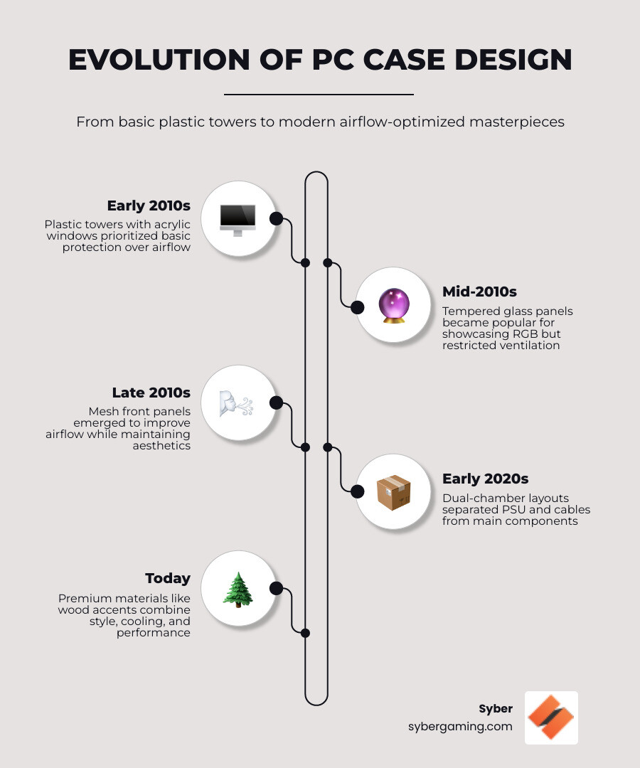 infographic showing the evolution of PC case design from early 2010s plastic towers with acrylic windows through the mid-decade tempered glass trend to modern mesh-focused designs with dual-chamber layouts and premium materials - cool looking computer cases infographic infographic-line-5-steps-elegant_beige