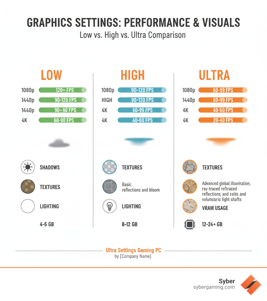 Infographic showing performance comparison between Low, High, and Ultra graphics settings, displaying frame rates at 1080p, 1440p, and 4K resolutions, visual quality differences in shadows, textures, lighting effects, and VRAM usage for each preset level - ultra settings gaming PC infographic Infographic showing performance comparison between Low, High, and Ultra graphics settings, displaying frame rates at 1080p, 1440p, and 4K resolutions, visual quality differences in shadows, textures, lighting effects, and VRAM usage for each preset level - ultra settings gaming PC infographic