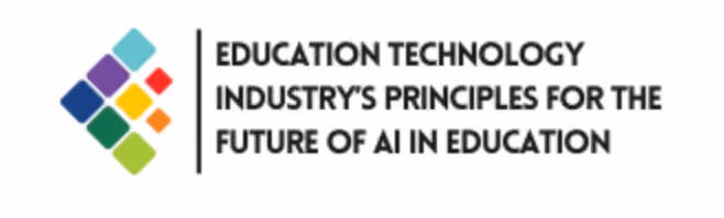 Colorful geometric diamond shapes to the left of the text reading Education Technology Industry's Principles for the Future of AI in Education.