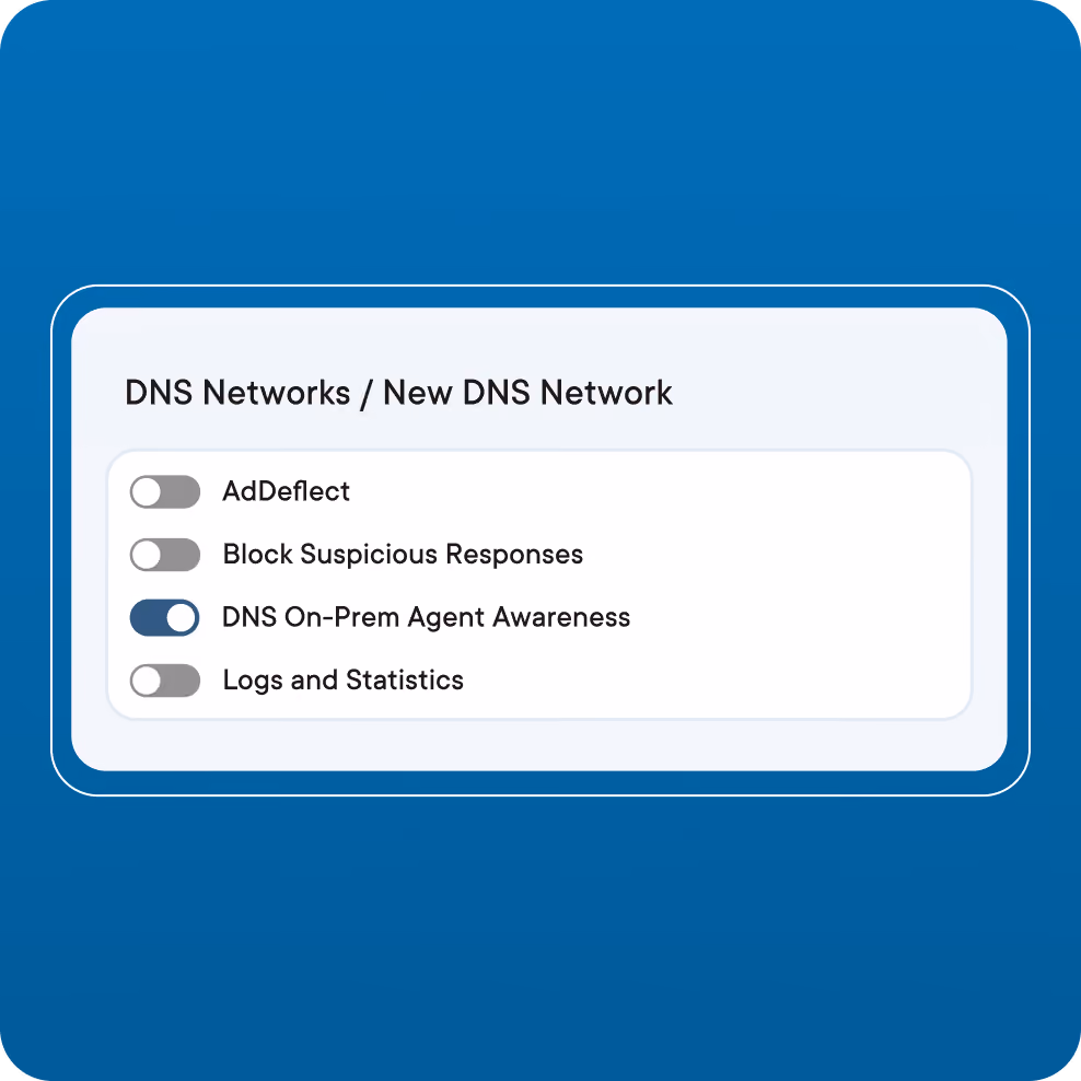 Screen of DNS Networks settings for a new DNS network showing toggles for AdDeflect, Block Suspicious Responses, DNS On-Prem Agent Awareness enabled, and Logs and Statistics disabled.