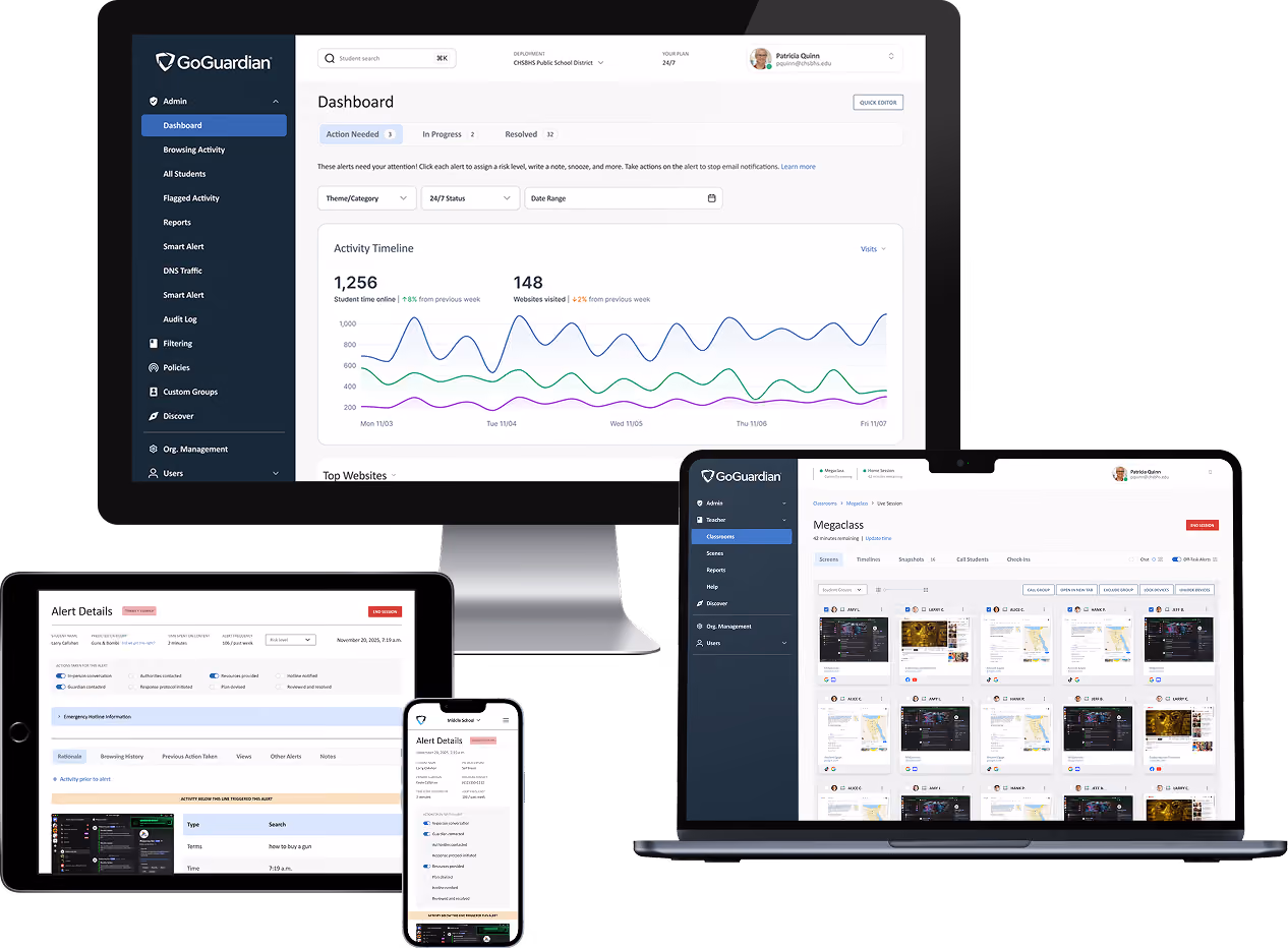 GoGuardian dashboard and alert details displayed on desktop, laptop, tablet, and smartphone screens.