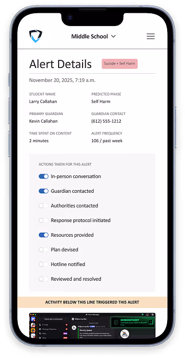 Mobile screen showing alert details for a student with actions taken on self harm prediction.