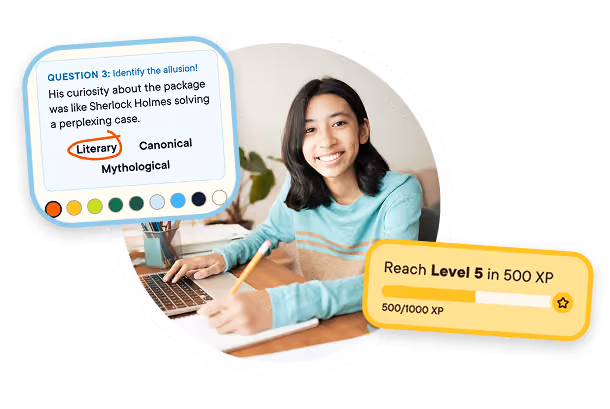 Smiling student working at a laptop, with a multiple-choice question card about identifying an allusion and a progress bar reading Reach Level 5 in 500 XP.