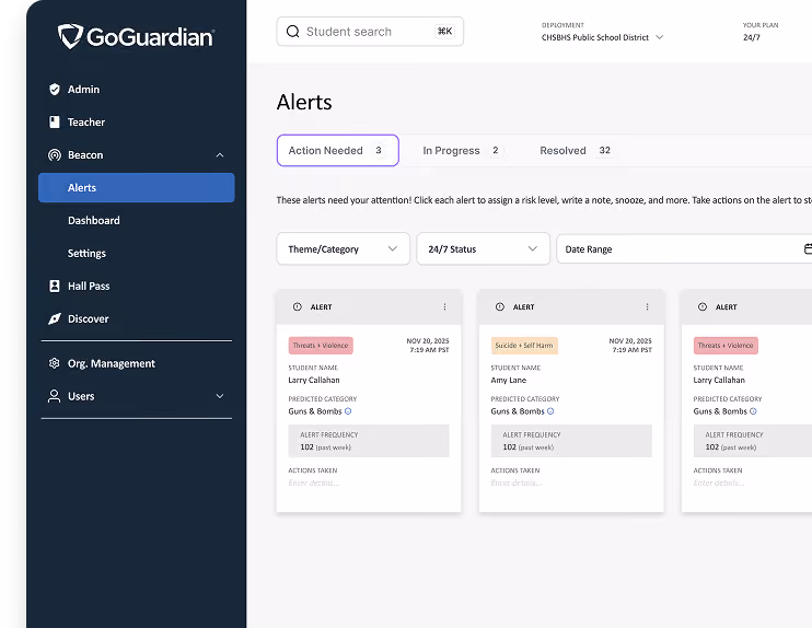GoGuardian Alerts dashboard showing three alerts for students.