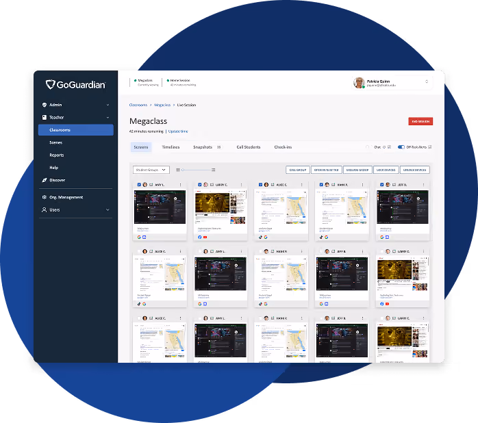 GoGuardian megaclass dashboard showing live student screen thumbnails and session controls.