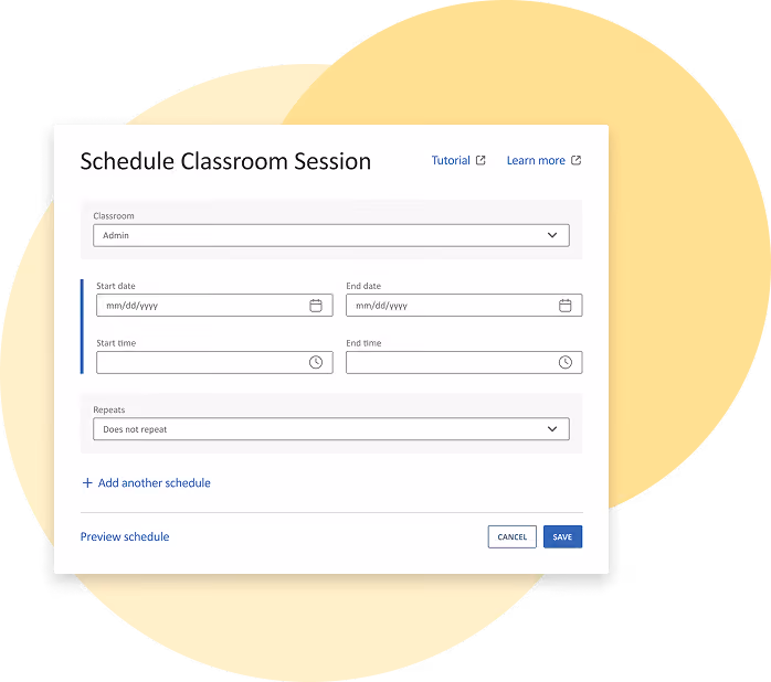 Online form to schedule a classroom session with fields for dates, times, repeats, and save or cancel options.