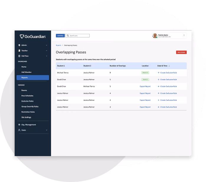 GoGuardian Hall Pass Overlapping Passes report listing pairs of students with passes at the same time, with location and time columns.