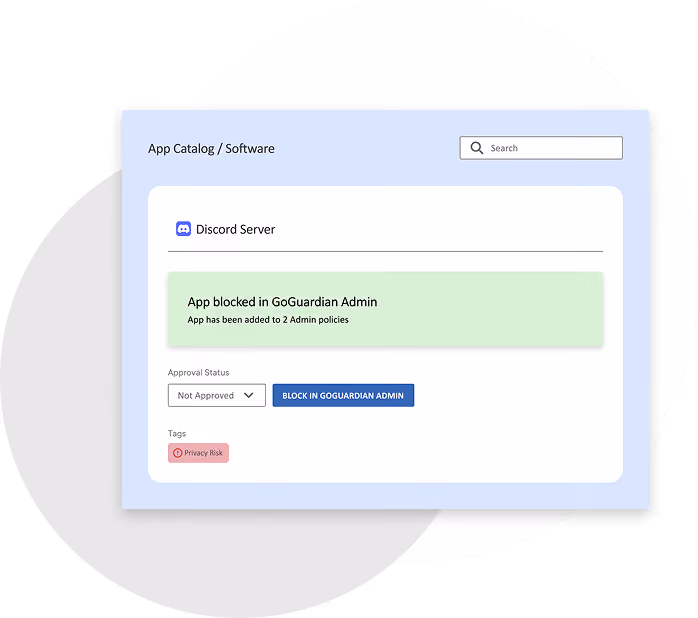 App catalog interface showing Discord Server marked as blocked in GoGuardian Admin with status Not Approved and a Privacy Risk tag.