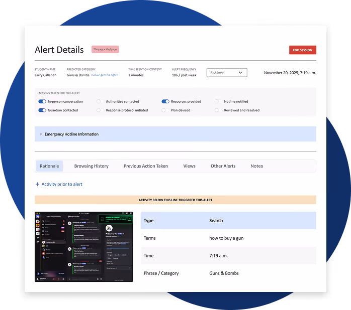 Alert details screen showing a student flagged for searching 'how to buy a gun' under Guns & Bombs category.