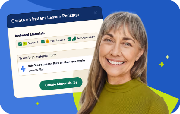 Pear Start screen creating an instant lesson package from a fifth grade rock cycle lesson plan.