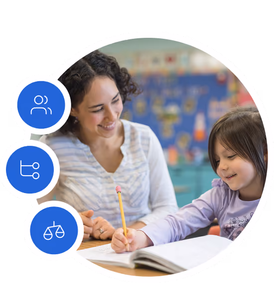 Teacher helping a young student write in a workbook, with group, workflow, and balance icons alongside.