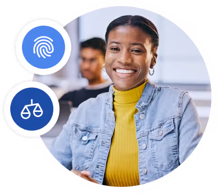 Smiling student in a classroom, with identity and balance icons alongside.