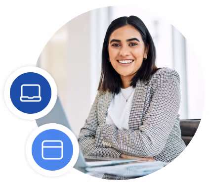 Smiling professional woman at a desk in an office, with device and content icons alongside.