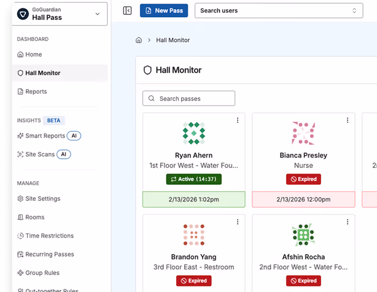 GoGuardian Hall Pass dashboard showing hall monitor passes, one active and others expired with user details.
