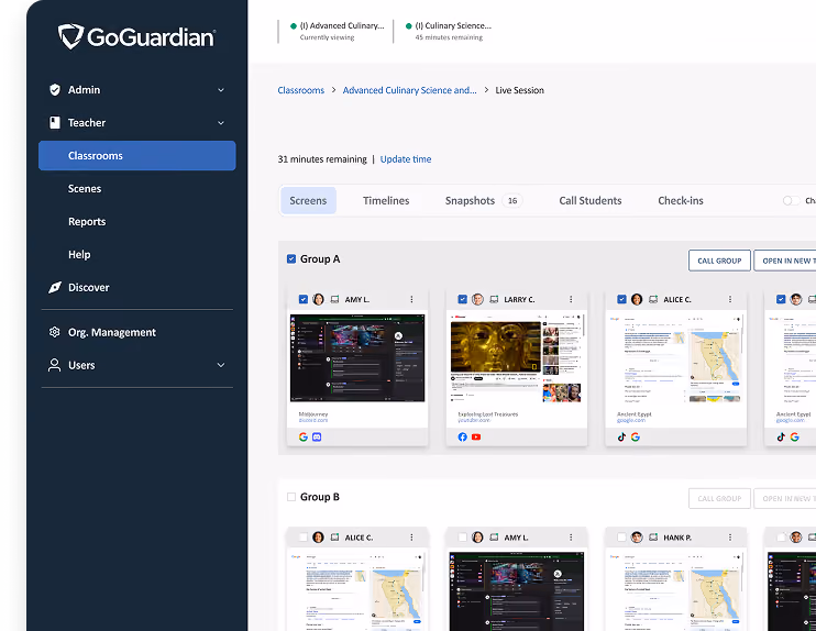 GoGuardian dashboard showing live session screens for groups A and B with student thumbnails and navigation menu.