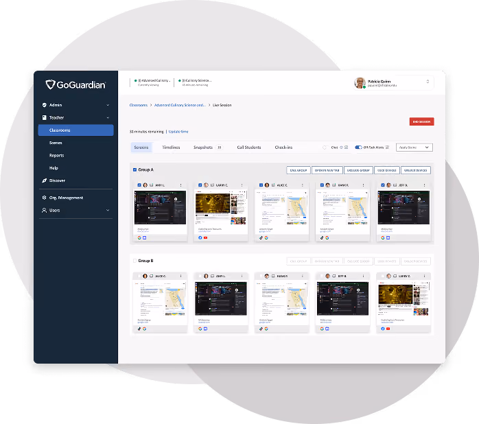 GoGuardian classroom dashboard showing live screens of student groups with monitoring and control options.