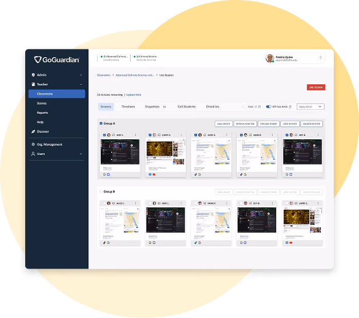 GoGuardian Teacher classroom dashboard showing live student screens grouped as Group A and Group B.