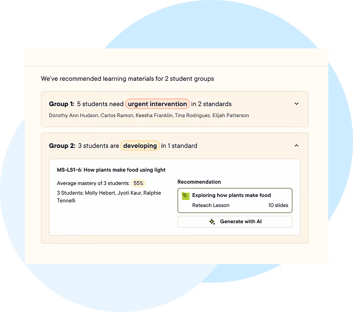 Pear Deck Learning screen recommending learning materials for two student groups, with a reteach lesson suggestion.