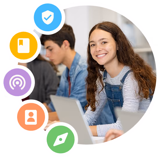 Student smiling at a laptop in a classroom, surrounded by GoGuardian product icons.