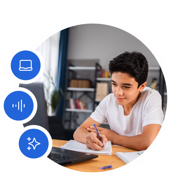 Student writing in a notebook beside a laptop, with device, audio, and AI icons alongside.