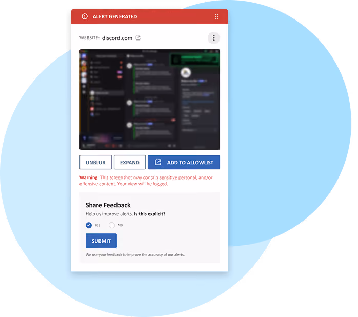 Alert dialog from discord.com with blurred chat screenshot and options to unblur, expand, or allowlist.