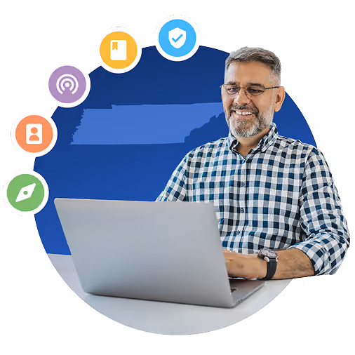 Man working at a laptop in front of an outline of Tennessee, surrounded by GoGuardian product icons.
